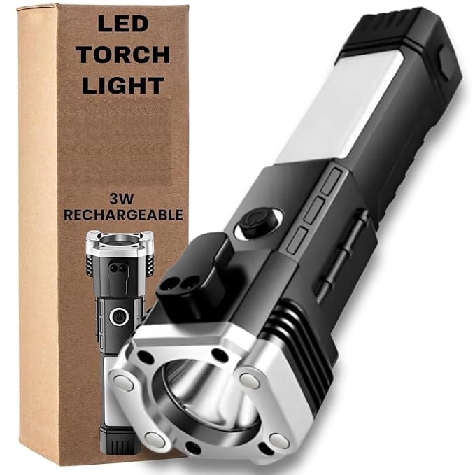 Torch Lights Rechargeable | with SOS Mode | 7 Mode LED COB | with Hammer | Seat Belt Cutter Built | Plastic Body | 17 * 5 cm (1 Led)