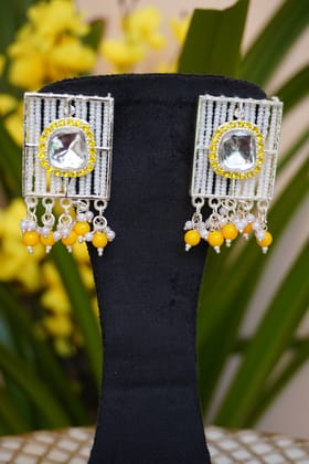 Yellow colour rectangle shape Pearl work earrings-One Size