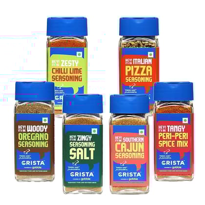 CRISTA International Seasonings Combo (Oregano Seasoning 50 gm, Pizza Seasoning 40 gm, Peri Peri Spice Mix 45 gm, Chilli Lime Seasoning 50 gm, Cajun Seasoning 45 gm & Seasoning Salt 50 gm) - Pack of 6