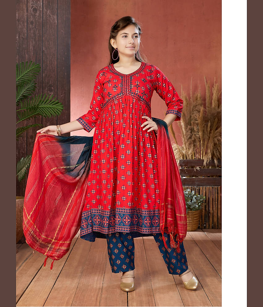 Aarika Girls Cotton Blend Kurta and Pant Set ( Pack of 1 , Red )