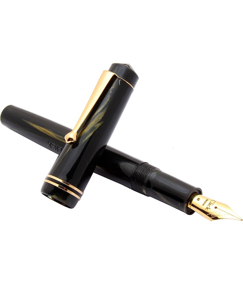 Srpc Click Aristocrat Black Marble Fountain Pen With 3in1 Ink Filling Mechanism, Golden Trims & Medium Nib