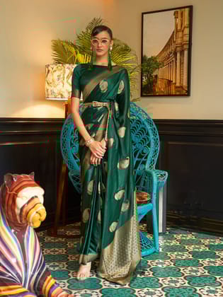 Green Nylon Satin Silk Banarasi Weaving Saree