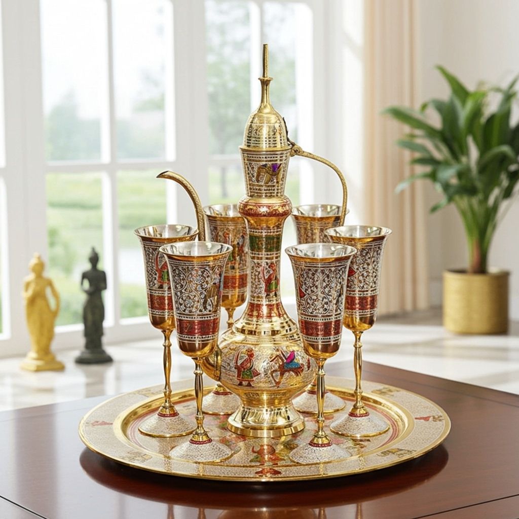Brass Surahi Set with 6 Wine Glasses � Premium Decorative Gift Set, Height : 17 Inch (FMAS715 G)
