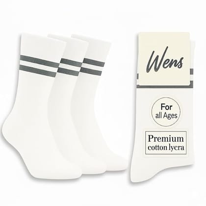 Wens White School Socks With Strips for Girls, Boys, Kids and Men of All Ages (Pack of 3) | Heavy Elastic, Streachable & Comfortable Fit | Calf Length Uniform Socks | Anti Odour   White with GREY stripes