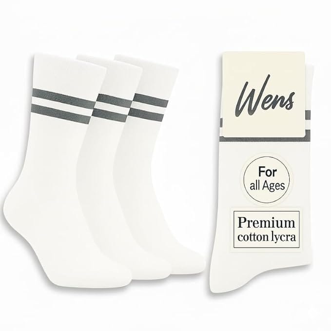 Wens White School Socks With Strips for Girls, Boys, Kids and Men of All Ages (Pack of 3) | Heavy Elastic, Streachable & Comfortable Fit | Calf Length Uniform Socks | Anti Odour White with GREY stripes