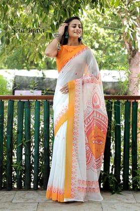 Linen Blend Digital Print Festive Saree- Yellow & White
