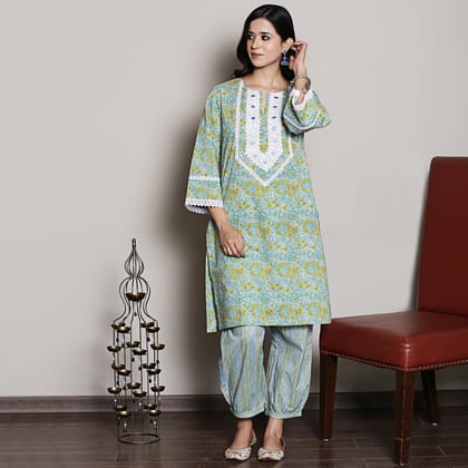 Block printed green co-ord set with lace detailing-XS