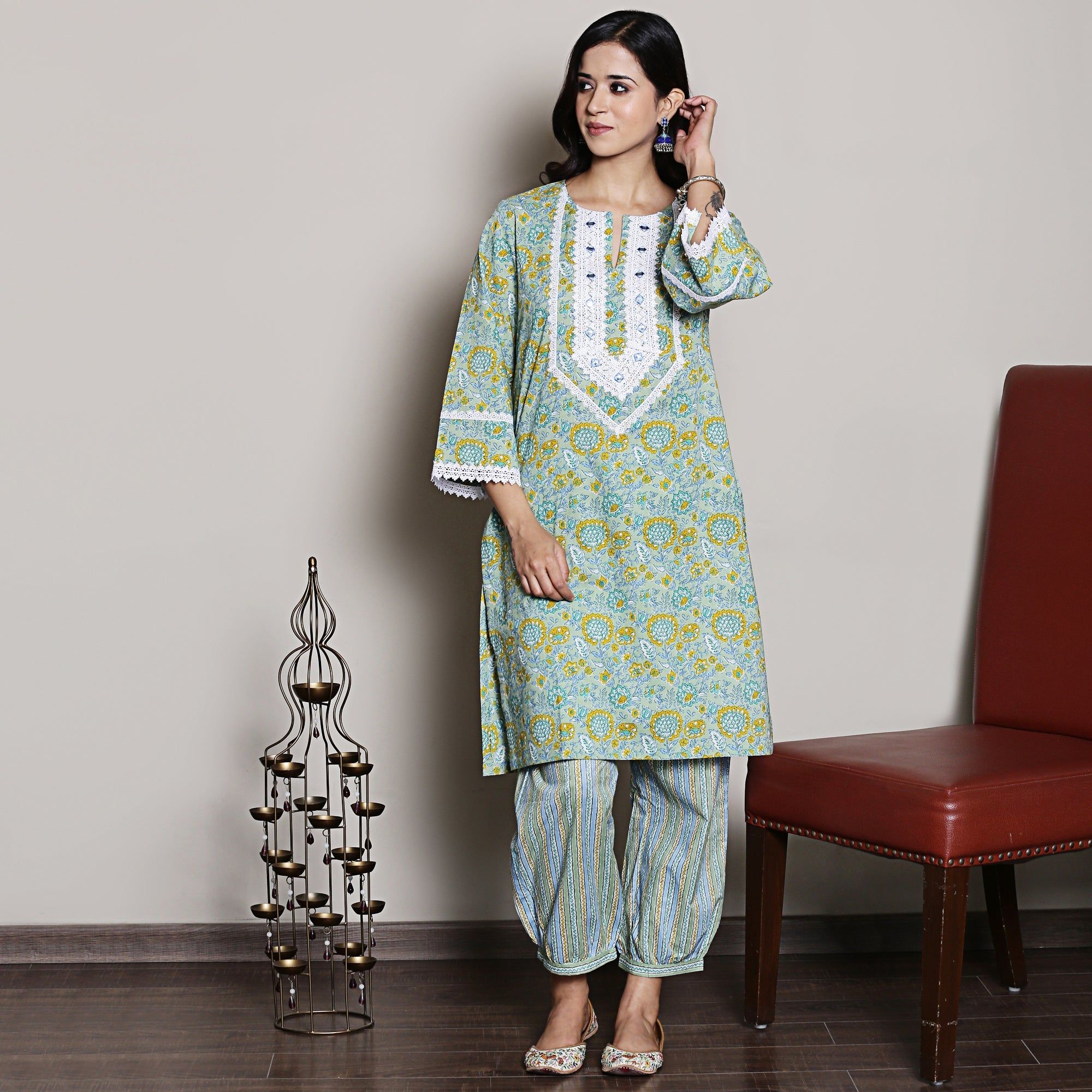 Block printed green co-ord set with lace detailing-XS