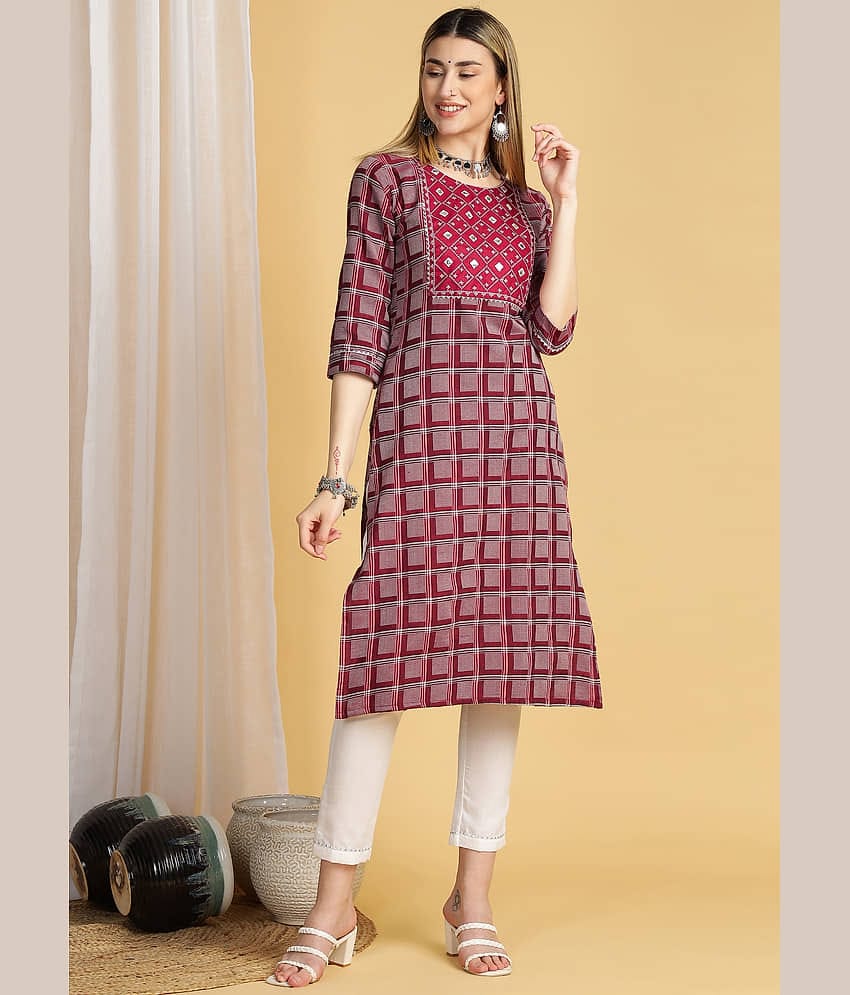 TRAHIMAM Cotton Blend Checks Kurti With Pants Women's Stitched Salwar Suit - Multicolor ( Pack of 1 )