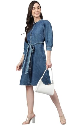 Blue Denim Solid Straight Western Dress