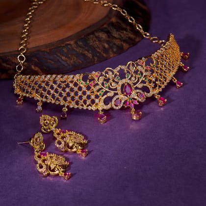 Golden Splendor Necklace-Red-Green-White / Gold Plated / Free Size