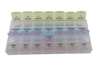 Ezyfit Weekly 7 Days Pill Organizer Case 28 Compartments, 4 Times/Day Slot, Weekly Doses Container Boxes, Medicine Holder