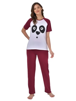 Klamotten Women's White Maroon Raglan Sleeves Top Pyjama Set  GM04M