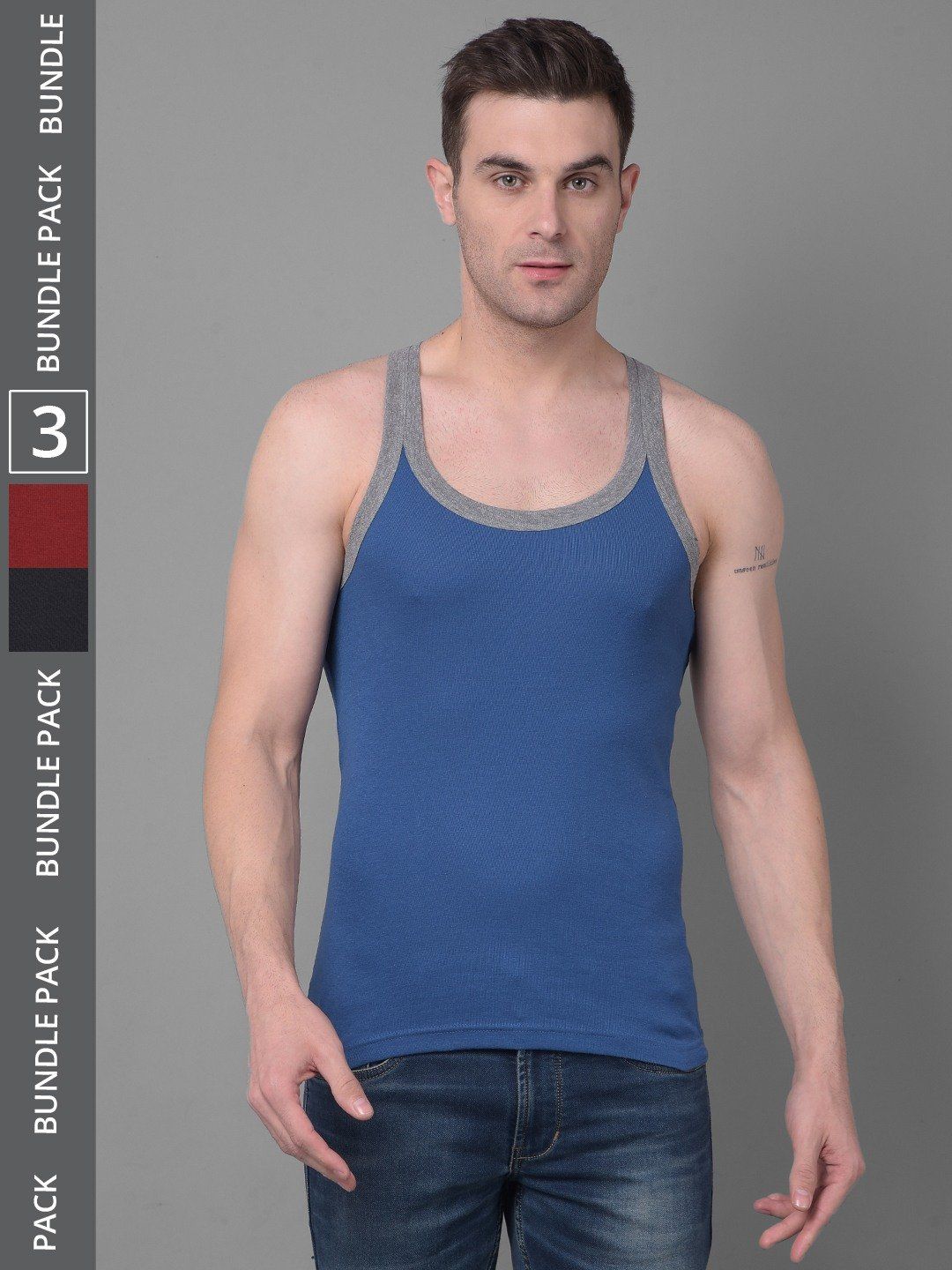 Men's Assorted Pack of 3 Solid Combed Cotton Racerback Styled Gym Vest