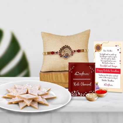 Designer Dancing Peacock Rakhi with Kaju Katli (500 Gm) and Roli Chawal Pack, Best Wishes Greeting Card