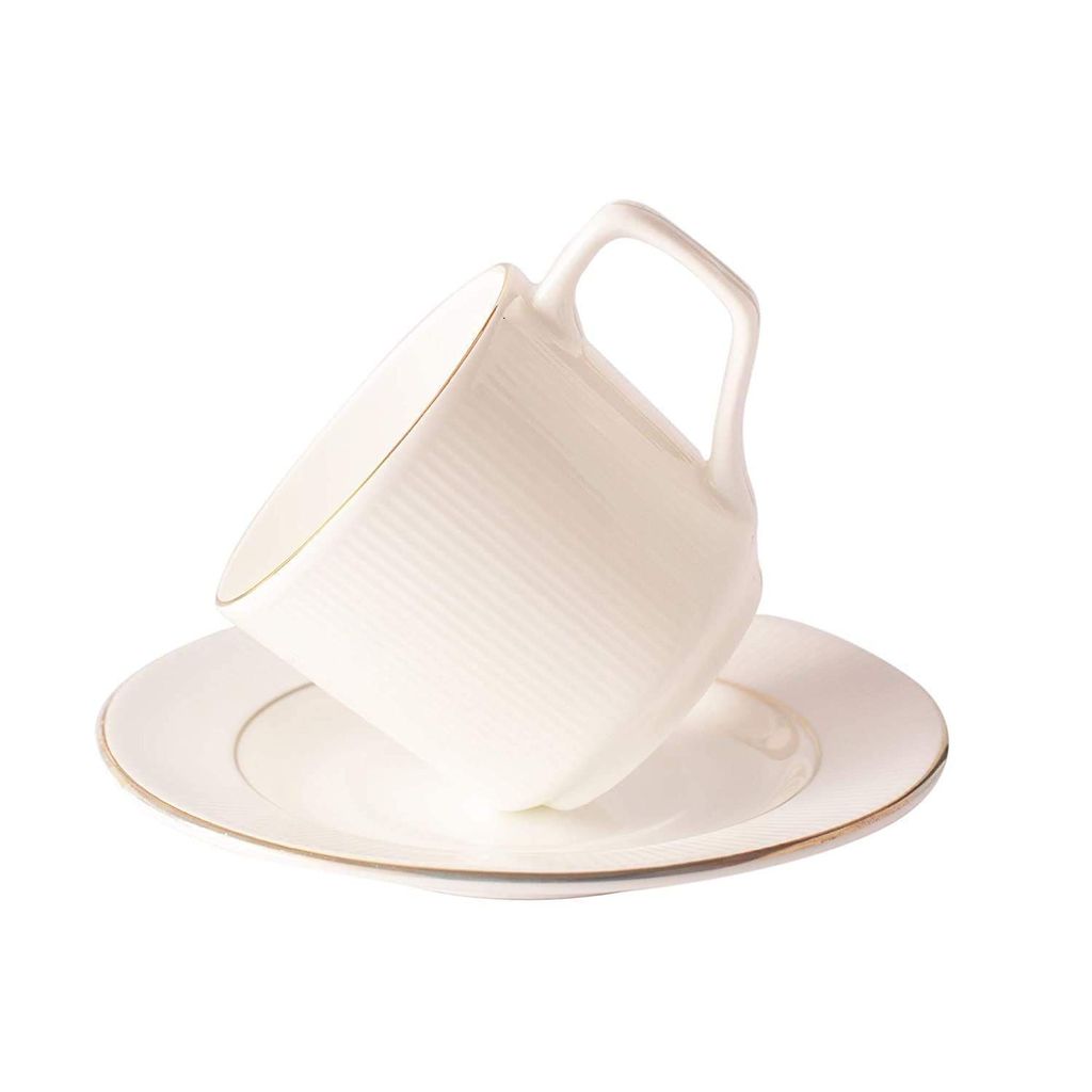 Femora Indian Ceramic Gold Line with Vertical Bar White Tea Cups, Mugs and Saucer-200 ml - Set of 6 (6 Cups, 6 Saucer)