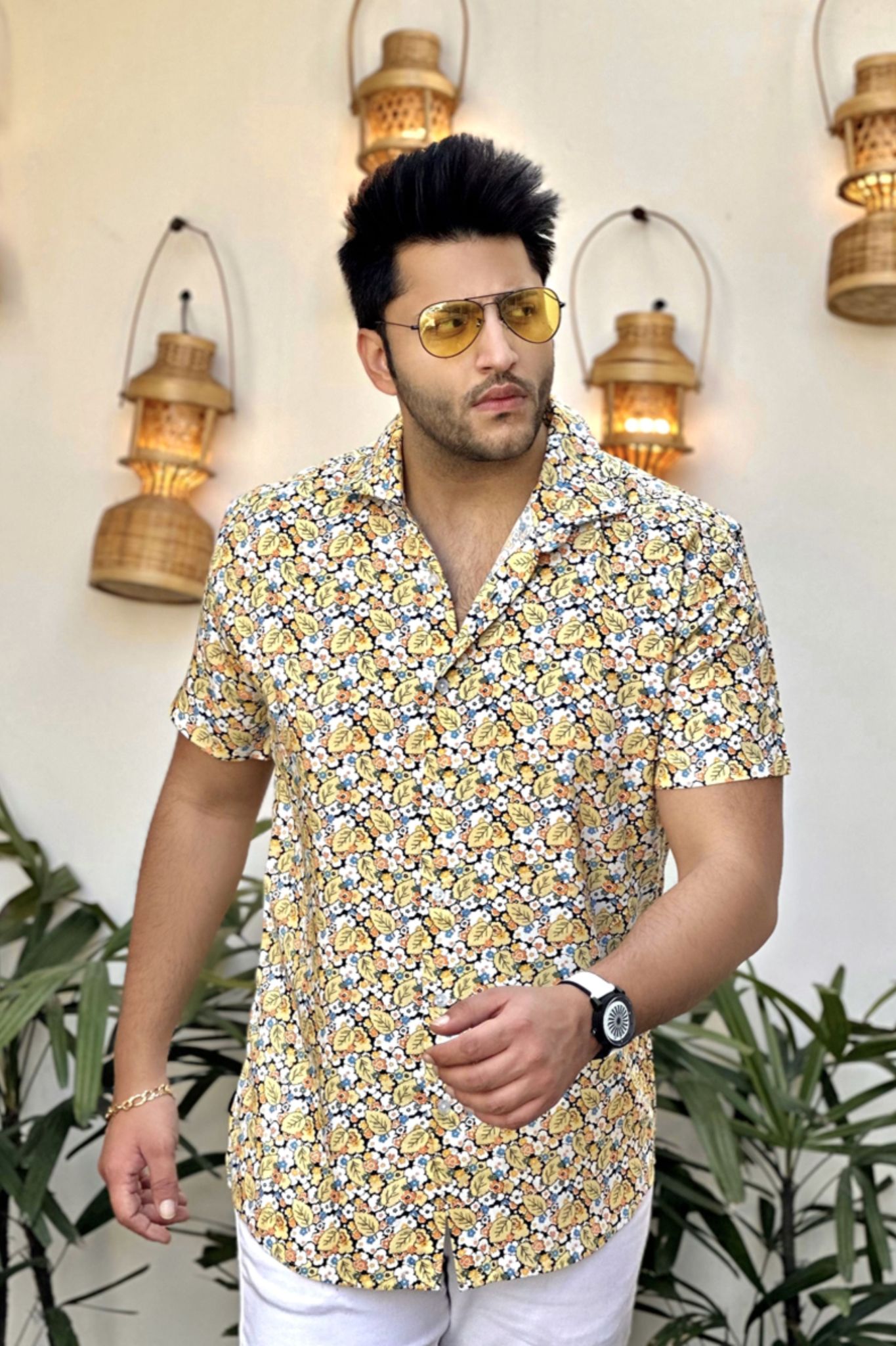 Yellow Half Sleeve Floral Rayon Shirt - XL