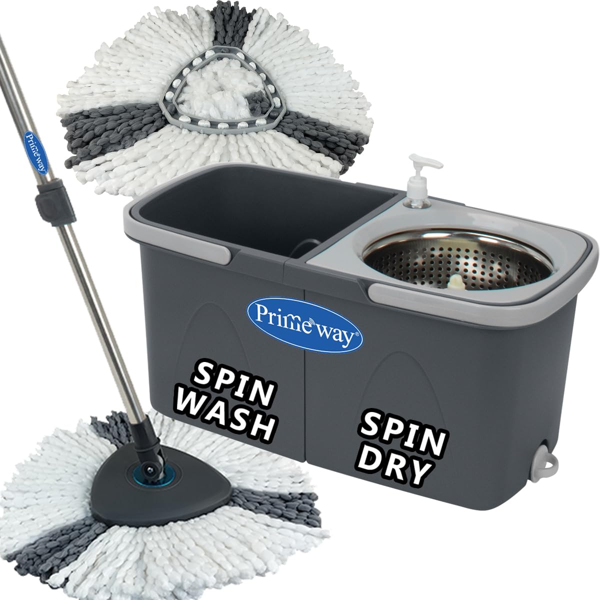 Stainless Steel Upgraded Triangular Head Hydraulic Handle Twin Bucket Wash & Dry Spin Mop | SS Dewatering Basket | 51" Advanced Stick Rod w/triangular 2 Refills | Clean & Dirty Water | 6 Ltr