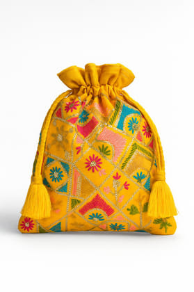 Embroidered Potli Bag for Festivals & Weddings | Ethnic Drawstring Gift Pouch for Women | Floral Design with Golden Cord