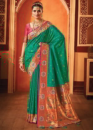 Emerald Green Woven Paithani Silk Saree