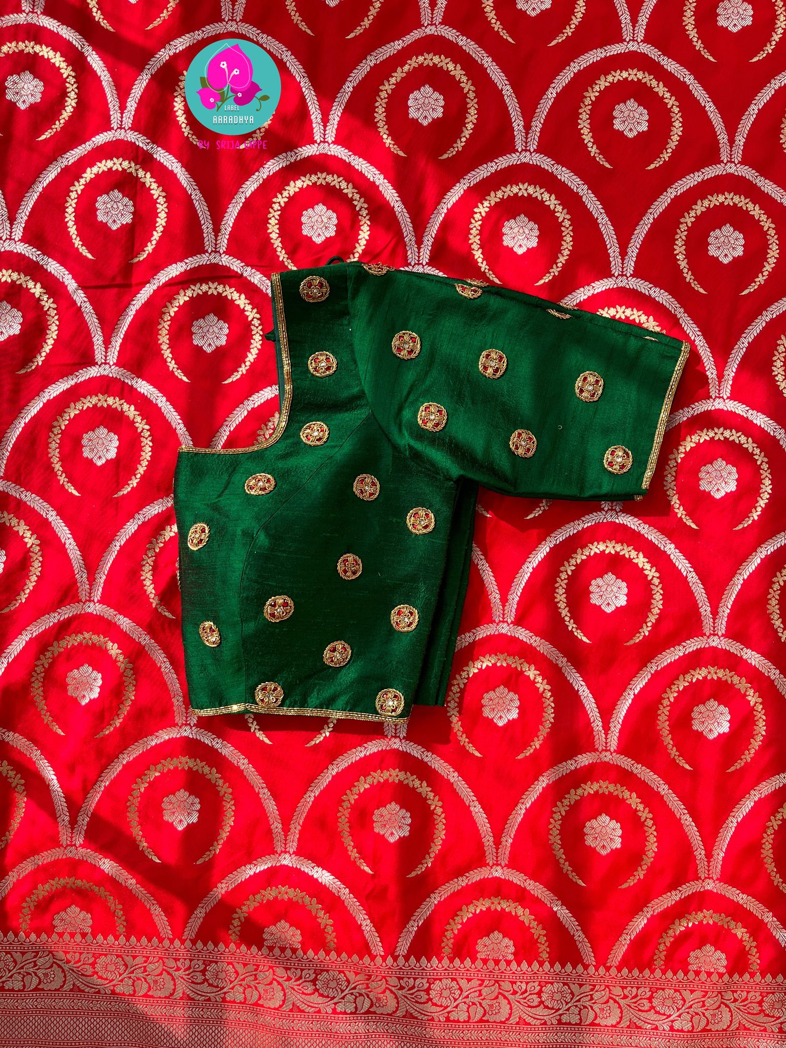 Red Semi Katan Banarasi silk Saree with hand embroidered pure silk blouse-XS