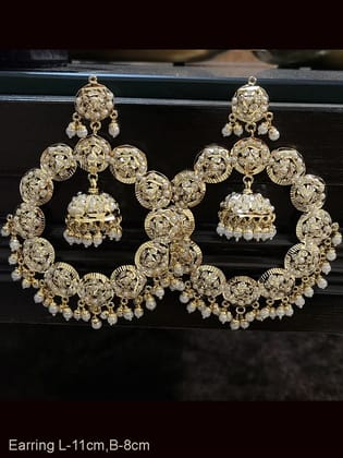 Bold 11cm long jadau chandbali earrings with jhoomki hanging in the center-White
