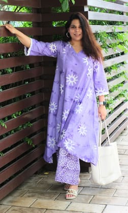 Cotton Handblock Lavender Sunflower High Low Coord Set-XXS