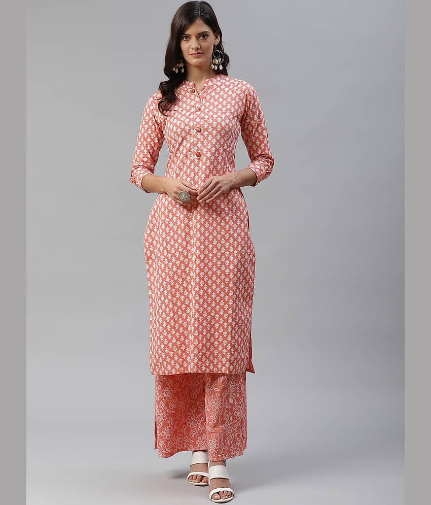 HIGHLIGHT FASHION EXPORT - Peach Straight Cotton Women's Stitched Salwar Suit ( Pack of 1 )