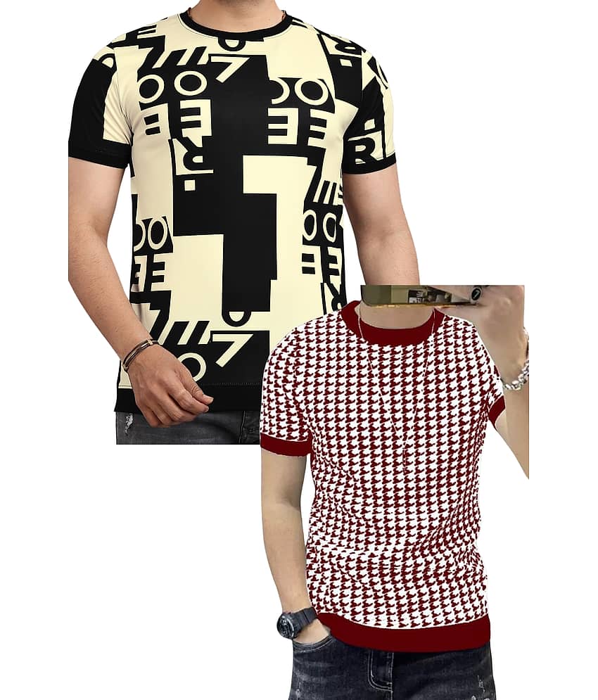 FABRIPPLE Polyester Regular Fit Self Design Half Sleeves Men's Round T-Shirt - Multicolor ( Pack of 1 )