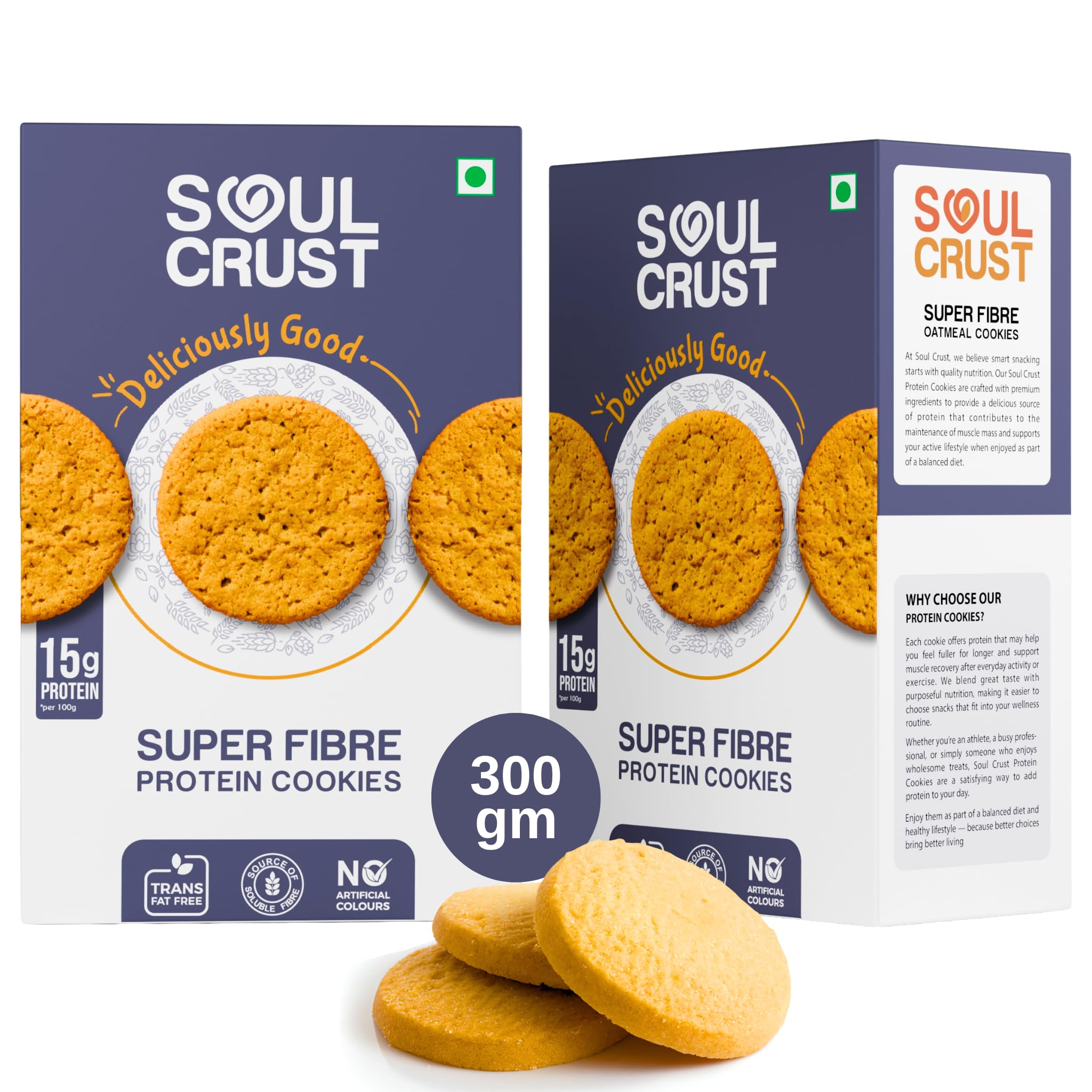 Soul Crust Super Fibre High Protein Cookies | 15g Protein per 100g | Made with Chickpea & Pea Protein | Trans-Fat Free | Post-Workout Snack | 300g Pack (150g x 2)