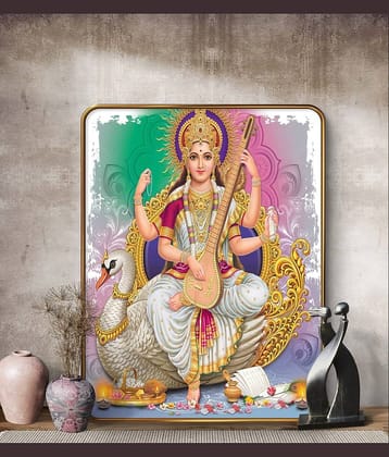 SAF Saraswati Devi Wall Painting with Golden Frame & Sparkle Lamination | MDF Board Poster for Pooja Room Office Study Area | Hindu Goddess Art for Knowledge & Wisdom