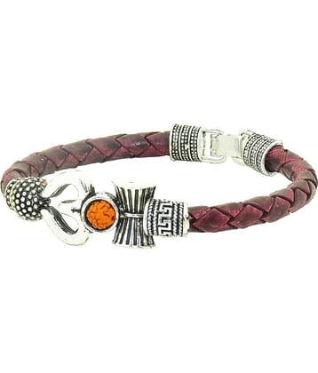 Handcrafted Spiritual One Sided Trishul Damru OM Rudraksha Beads Silver Plated Mahakal Shiva Genuine Leather Brown Dyed Rope Wrist Band/Belt Bahubali Kada Bracelet (Small Only for Girls/Women)