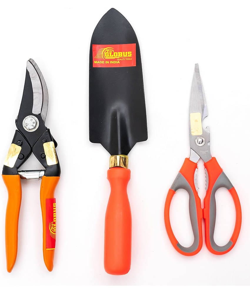 GLOBUS 1253 Steel Garden Tools Set/3 PCS (Major Pruner, Garden Scissor and Transplanter Orange Colour Handle)