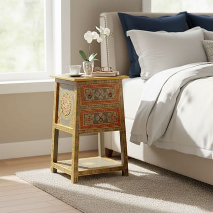 Wooden Handpainted Bedside With Desk Drawer Side