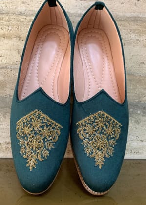 Bottle Green Hand Work Suede Loafers for Mens-Green