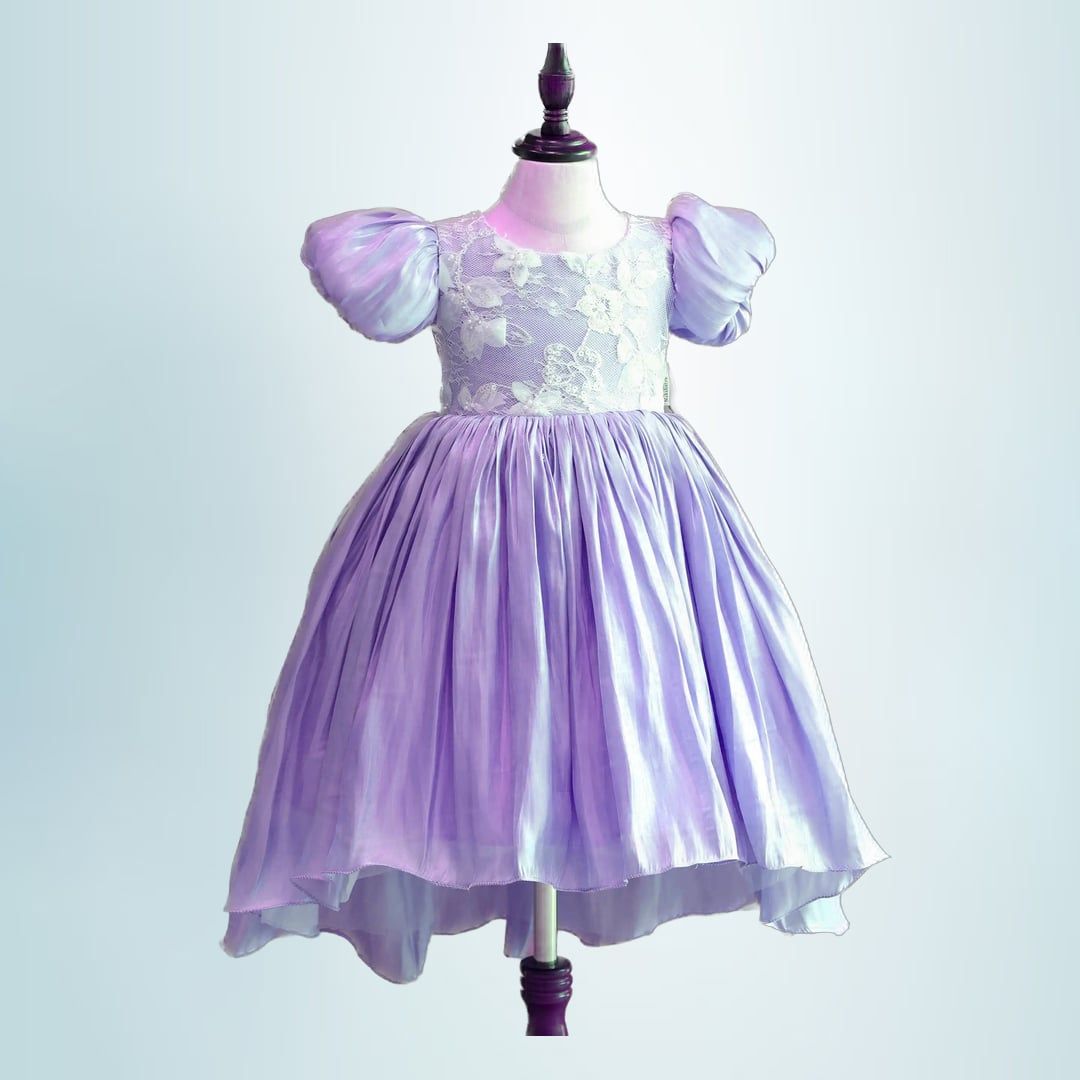 Girls' Lavender Puff-Sleeve Party Dress | Floral Lace Bodice | Festive Occasion