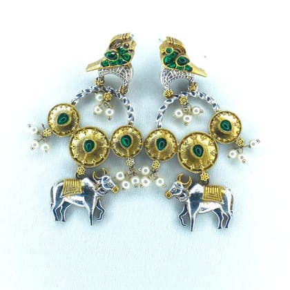 Oxidized Silver Nandi Motif Earrings with Green Stones