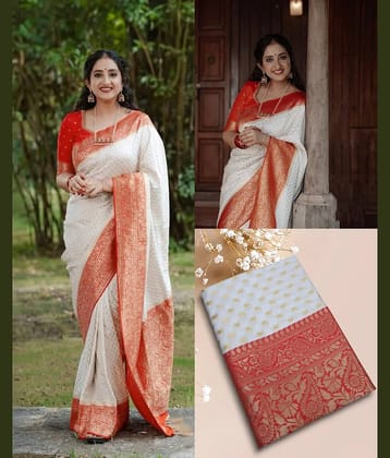 fab woven Art Silk Woven Kanjeevaram Sarees With Unstitched Blouse Piece ( White )