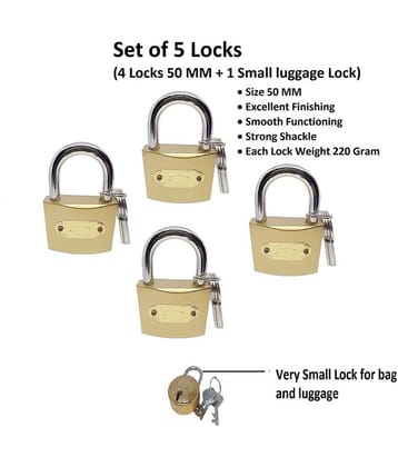 Unikkus set of 5 locks, 4 locks size 50 MM for home room door kitchen and multi-purpose and 1 very small lock for bag and luggage, useful lock and keys, a good quality padlock.