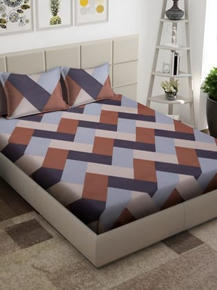 Blue & Brown Geometric 300 TC King Bedsheet with 2 Pillow Covers