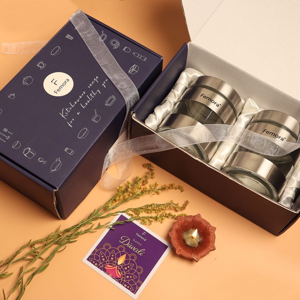 Femora Attractive Combo Gift Pack with Metallic Clear Glass Window Jar for Kitchen Storage, 700 ML, Pack of 2, Free Replacement of Lids