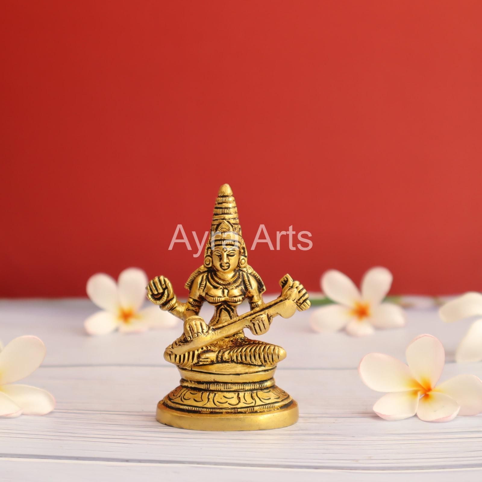 Brass Saraswati Devi Idol - 3.5 inch Height | Sacred Brass Saraswati Devi Idol for Knowledge and Wisdom