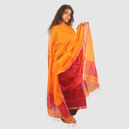 Bright Orange Maheshwari Silk Cotton Dress Material with Crimson Red Bottom and Silver Zari Border