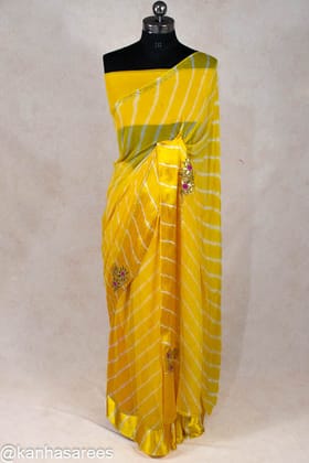 Yellow leheriya handwork buti saree