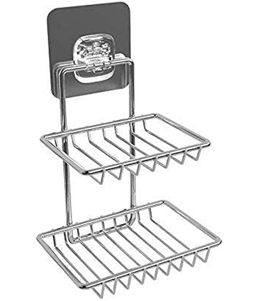 NCMART Wall Mounted Double Layer soap Dish Holder Stainless Steel Wall Hanging Soap Storage Rack for Kitchen Bathroom with Self Adhesive Magic Sticker (Pack of 1)