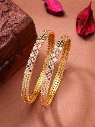 NVR Women's Set of 2 Gold-Plated Cubic Zirconia Stone Studded Bangles-2.4 / Gold / Alloy