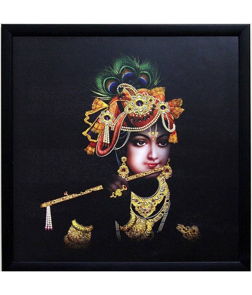 eCraftIndia Black & Gold-Coloured Krishna Playing Flute Satin Matt Texture UV Wall Art