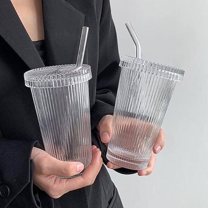 Glass Tumbler with Lid and Straw,380 ML,Set of 1,Stripe Drinking Sipper for Water,Iced Tea, Milk, Juice, Coffee & Hot/Cold Drink, Perfect for Home, Office, Party and Travel, Gift for Man/Women