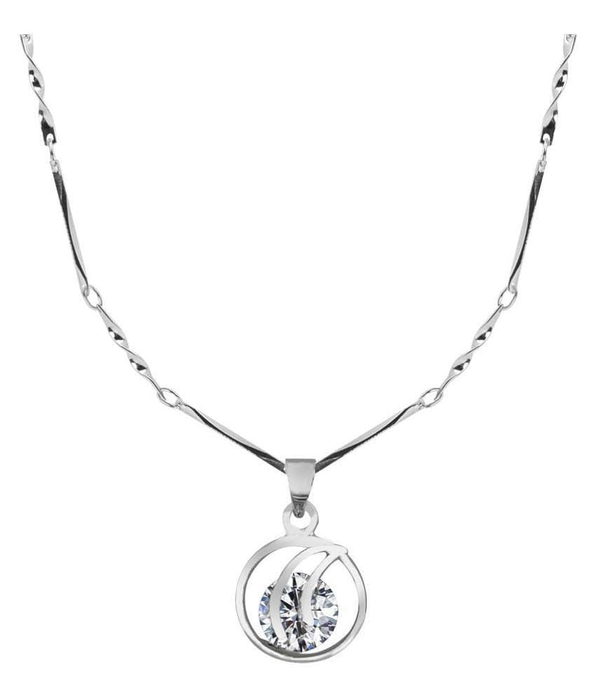 Silver Shine Silver Plated Chain With Big Solitaire Diamond Round Shape Pendant  For Women - Golden