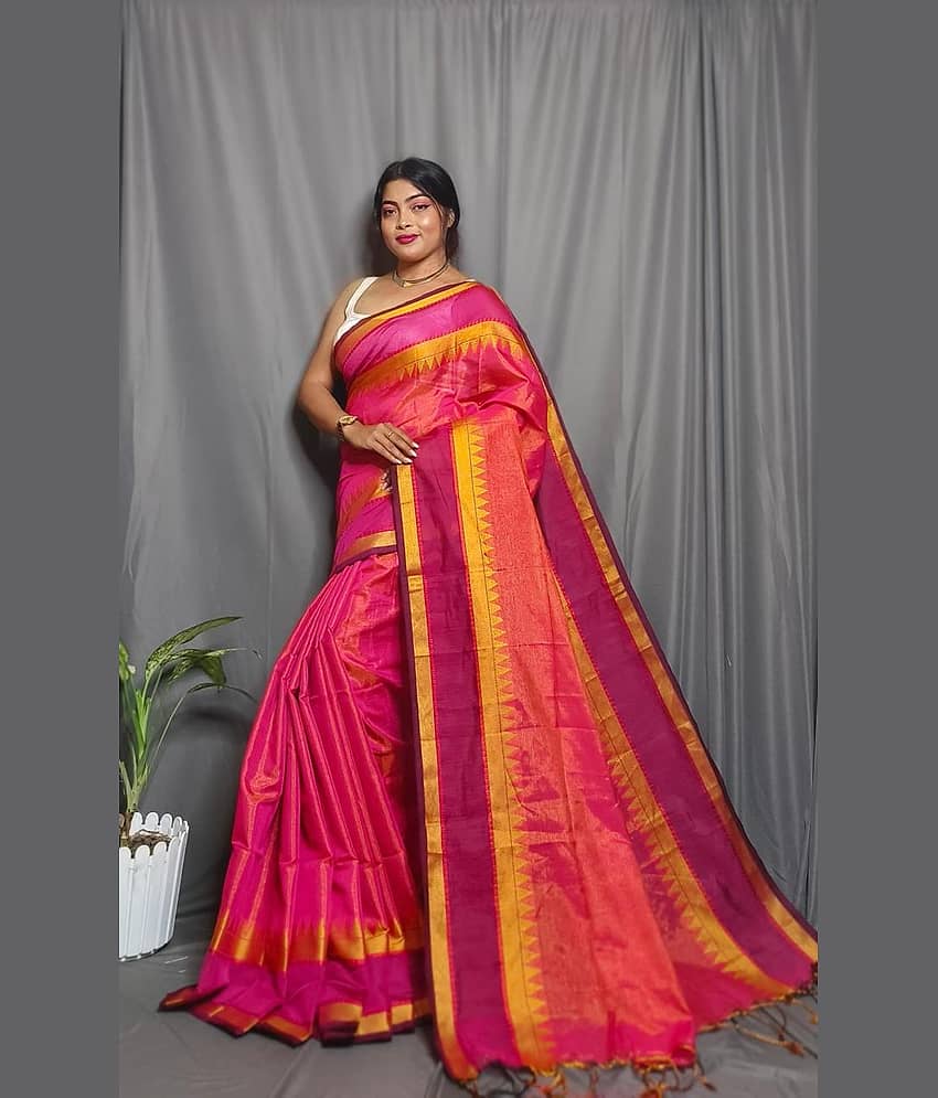 SARADA HANDLOOM Cotton Embellished Saree With Unstitched Blouse Piece ( Pink )